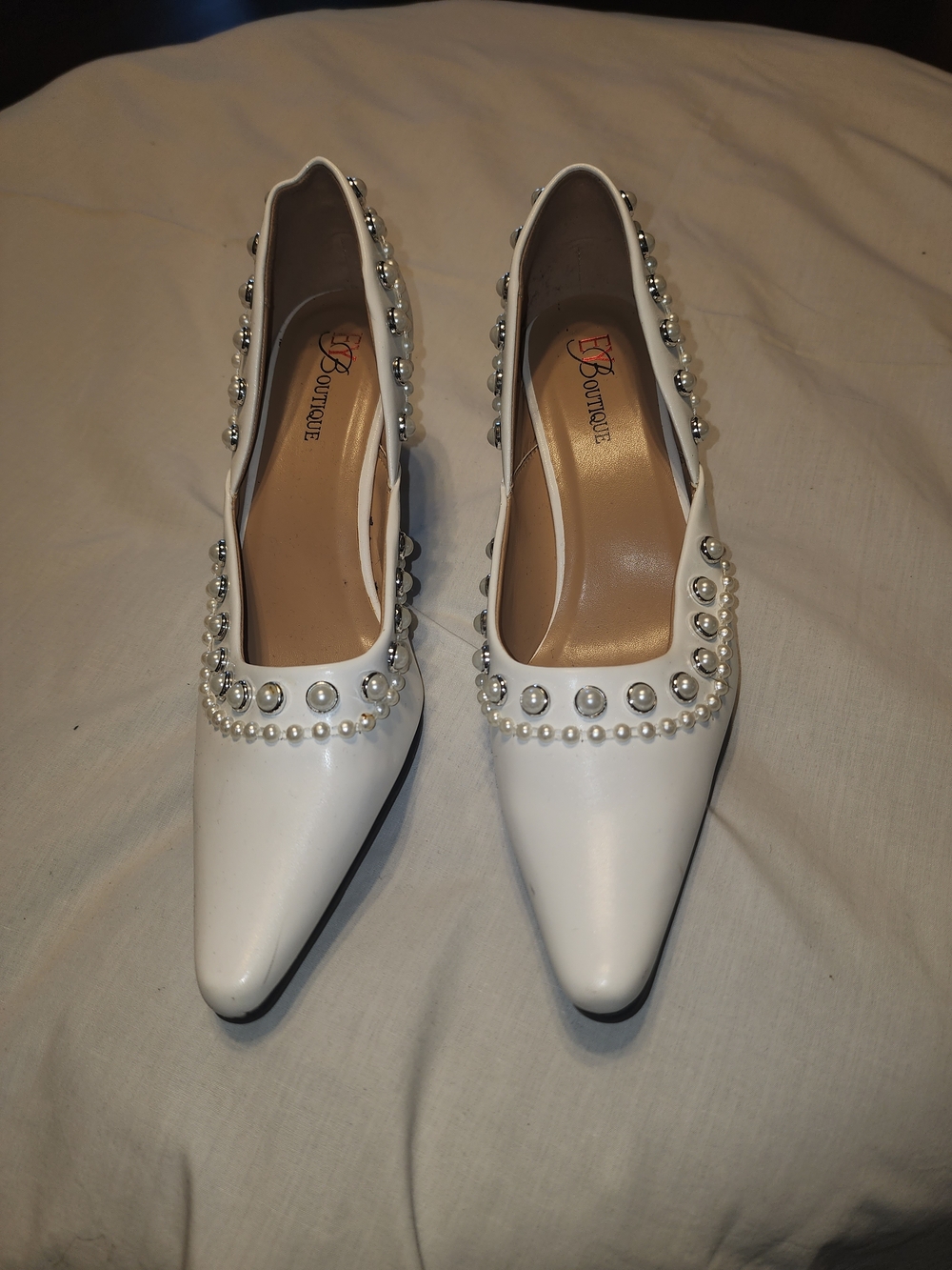 White Pearl-Embellished Pointed Toe Pumps